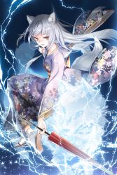 Rule 34 | 1girl, animal ears, closed umbrella, collarbone, electricity, floral print, henlifei (sword girls), highres, holding, japanese clothes, kimono, leg up, lightning, long hair, open mouth, pinky out, salt (salty), sandals, scan, sitting, smile, socks, solo, spirit, sword girls, tail, umbrella, white hair, white socks, wolf, wolf ears, wolf tail, yellow eyes