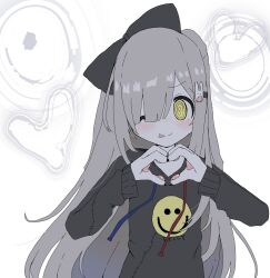 Rule 34 | 1girl, :p, @ @, animal hands, black bow, black hoodie, bow, claws, closed mouth, floppy ears, furry, furry female, hair bow, hair ornament, hair over one eye, hands up, heart, heart hands, highres, hood, hood down, hoodie, long hair, long sleeves, looking at viewer, one eye closed, original, oyasu miyo (vreparty), pawpads, print hoodie, rabbit hair ornament, simple background, smile, smiley face, solo, stitches, tongue, tongue out, vreparty, white background, yellow eyes