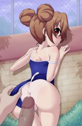 Rule 34 | 1girl, aisaka taiga, anus, ascii media works, ass, bad id, bad pixiv id, blush, brown eyes, brown hair, clothing aside, competition school swimsuit, cum, ejaculation, geewhy, hetero, highres, one-piece swimsuit, penis, petite, school swimsuit, strap slip, swimsuit, swimsuit aside, tan, tanline, tears, toradora!, uncensored, v