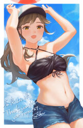1girl absurdres alternate_costume arashio_(kancolle) arms_up bikini black_bikini blue_sky blush breasts brown_hair cloud commission cowboy_shot day denim denim_shorts hat highres kantai_collection long_hair looking_at_viewer navel o-ring o-ring_bikini open_mouth orange_eyes ponytail rom_(rommmoon) short_shorts shorts signature skeb_commission sky small_breasts solo sweat swimsuit