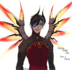 Rule 34 | 1boy, artist name, black hair, blue eyes, bodysuit, dark persona, demon horns, devil mercy, english text, facial mark, forehead mark, gearous, genderswap, genderswap (ftm), genderswap (mtf), glowing, glowing wings, grey eyes, horns, male focus, mechanical wings, mercy (overwatch), nose, official alternate costume, open mouth, orange wings, overwatch, overwatch 1, portrait, short hair, signature, simple background, solo, spread wings, teeth, upper body, white background, wings