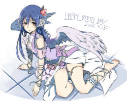 Rule 34 | 1girl, arm support, bad id, bad pixiv id, barefoot, birthday, blue hair, blush, butterfly hair ornament, commentary request, dated, feathered wings, flower, full body, hair between eyes, hair flower, hair ornament, happy birthday, highres, joint06, long hair, love live!, love live! school idol festival, love live! school idol project, lying, microphone, sleeveless, solo, sonoda umi, wings, yellow eyes