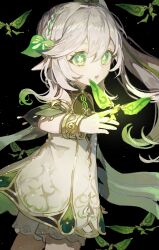 Rule 34 | 1girl, absurdres, black background, bracelet, cape, commentary request, cowboy shot, cross-shaped pupils, crystalfly (genshin impact), detached sleeves, dress, genshin impact, green cape, green eyes, hair ornament, hand up, highres, jewelry, kotobuki nashiko, leaf hair ornament, long hair, looking at viewer, nahida (genshin impact), open mouth, pointy ears, side ponytail, sleeveless, sleeveless dress, solo, symbol-shaped pupils, white dress, white hair