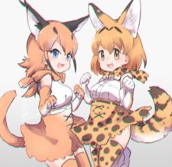 Rule 34 | 10s, 2girls, :3, animal ears, belt, black hair, blonde hair, blue eyes, bow, bowtie, caracal (kemono friends), chromatic aberration, commentary request, elbow gloves, gloves, high-waist skirt, jumping, kemono friends, light brown hair, multicolored hair, multiple girls, open mouth, serval (kemono friends), serval print, serval tail, short hair, signature, skirt, sleeveless, tail, tatsuno newo, thighhighs, traditional bowtie, yellow eyes