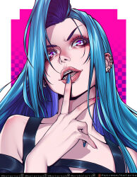 Rule 34 | 1girl, absurdres, alternate hairstyle, asymmetrical bangs, bare shoulders, blue nails, border, braces, collarbone, ear piercing, earrings, fangs, finger to mouth, hand up, highres, jewelry, jinx (league of legends), koiarts, league of legends, long hair, looking at viewer, nail polish, open mouth, piercing, pink background, pink eyes, portrait, red eyes, red nails, solo, white border