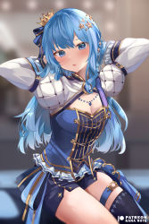 Rule 34 | 1girl, blue dress, blue eyes, blue hair, blush, breasts, cleavage, crown hair ornament, dress, frills, hololive, hoshimachi suisei, hoshimachi suisei (stellar into the galaxy), long hair, looking at viewer, medium breasts, mujinbensin, open mouth, side ponytail, single thighhigh, smile, solo, thighhighs, thighs, virtual youtuber