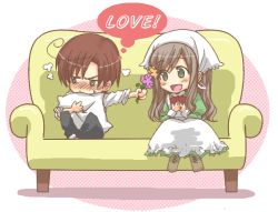 Rule 34 | 1boy, 1girl, ahoge, apron, artist request, axis powers hetalia, blush, boots, brown hair, couch, couple, cross-laced footwear, dress, flower, green dress, green eyes, happy, hungary (hetalia), lace-up boots, long hair, no shoes, hugging object, on couch, pants, pillow, pillow hug, shirt, short hair, shy, simple background, sitting, southern italy (hetalia), sweatdrop, thought bubble, white apron, white shirt