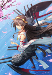 Rule 34 | 10s, 1girl, animal print, athrun1120, bare shoulders, black footwear, black hair, black thighhighs, boots, brown eyes, cherry blossoms, detached sleeves, gradient background, hairband, haruna (kancolle), highres, japanese clothes, kantai collection, long hair, nontraditional miko, ripples, smile, solo, thigh boots, thighhighs, zebra print