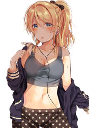 Rule 34 | 1girl, ayase eli, black bow, black pants, blonde hair, blue eyes, blue jacket, blush, bow, bra, breasts, cleavage, commentary request, earbuds, earphones, grey bra, hair between eyes, hair bow, jacket, long sleeves, love live!, love live! school idol project, medium breasts, midriff, mogu (au1127), navel, open mouth, pants, ponytail, print pants, removing jacket, sidelocks, simple background, solo, sports bra, star (symbol), star print, sweat, track jacket, underwear, white background