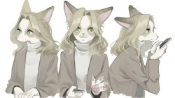 Rule 34 | 1girl, :3, absurdres, animal ears, animal hands, animal nose, brown coat, brown fur, brown hair, claws, closed mouth, coat, cropped torso, dog ears, dog girl, female focus, flat chest, from side, furry, furry female, green eyes, grey sweater, hair intakes, hands up, happy, highres, long hair, long sleeves, looking at phone, looking at viewer, looking to the side, mayumochini, multiple views, open clothes, open coat, original, own hands together, pawpads, phone, profile, sidelocks, sideways mouth, simple background, smile, snout, sweater, turtleneck, turtleneck sweater, two-tone fur, upper body, waving, white background, white fur