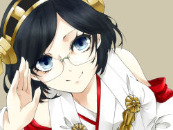Rule 34 | 10s, 1girl, bad id, bad pixiv id, black hair, blue eyes, detached sleeves, female focus, from above, glasses, hairband, kantai collection, kirishima (kancolle), kisa (kisa-kisa5900), looking at viewer, nontraditional miko, salute, short hair, smile, solo