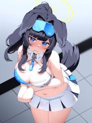 Rule 34 | 1girl, absurdres, animal ears, bare shoulders, blue archive, bluerabbit gap, blush, breasts, cheerleader, crop top, dog ears, dog girl, dog tail, eyewear on head, goggles, goggles on head, halo, hibiki (blue archive), hibiki (cheer squad) (blue archive), highres, looking at viewer, medium breasts, millennium cheerleader outfit (blue archive), miniskirt, navel, paid reward available, skirt, solo, tail