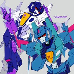 Rule 34 | chinese commentary, decepticon, fang, grey background, hand on own hip, leaning forward, mecha, no humans, open hand, open mouth, red eyes, robot, scowl, skywarp, thinking, thundercracker, transformers, transformers cyberverse, uchikaze