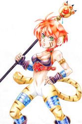 Rule 34 | 1girl, animal ears, breasts, breath of fire, breath of fire ii, bustier, cat ears, cat tail, claws, cleavage, facial mark, full body, furry, furry female, gloves, green eyes, no panties, no pants, orange hair, pointy ears, red hair, rinpoo chuan, short hair, simple background, solo, staff, striped, tail, white background