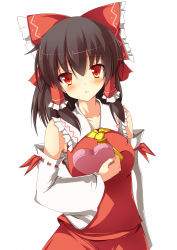 Rule 34 | 1girl, :/, ascot, blush, bow, box of chocolates, breasts, brown hair, collarbone, detached sleeves, hair bow, hair ribbon, hair tubes, hakurei reimu, head tilt, highres, large bow, looking at viewer, medium breasts, red eyes, ribbon, shy, skirt, skirt set, solo, szk, touhou, tsurime, valentine, vest