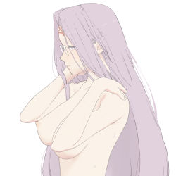 Rule 34 | 1girl, absurdres, adjusting hair, arms up, banned artist, breasts, completely nude, facial mark, fate/stay night, fate (series), female focus, forehead mark, glasses, highres, large breasts, light smile, long hair, looking at viewer, looking to the side, medusa (fate), medusa (rider) (fate), mo (kireinamo), nipples, nude, purple eyes, purple hair, simple background, sketch, solo, straight hair, sweat, upper body