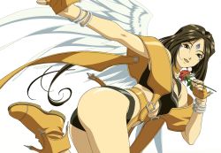 Rule 34 | aa megami-sama, angel wings, ass, bangle, bikini, bracelet, breasts, brown eyes, choker, cleavage cutout, clothing cutout, earrings, facial mark, floating, flower, forehead mark, gloves, highres, jewelry, leather, leather belt, leather gloves, long hair, looking at viewer, medium breasts, peorth (aa megami-sama), ponytail, rose, smile, swimsuit, very long hair, wings