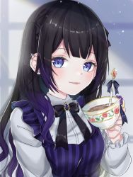 Rule 34 | 1girl, bad id, bad twitter id, black bow, black hair, blue eyes, blurry, blurry background, bow, copyright request, cup, ear piercing, gradient hair, highres, holding, holding cup, indoors, looking at viewer, masyu jyaga, multicolored hair, piercing, purple hair, solo, spoon, teacup, two-tone hair, upper body