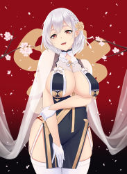 Rule 34 | 1girl, :d, absurdres, azur lane, bad id, bad pixiv id, bare hips, braid, breasts, cape, cherry blossoms, cleavage, covered navel, cowboy shot, flower, garter straps, gloves, gradient background, hair flower, hair ornament, hand on own arm, highres, large breasts, open mouth, petals, red background, red eyes, revealing clothes, rose, see-through, short hair, silver hair, sirius (azur lane), sirius (azure horizons) (azur lane), smile, solo, thighhighs, white cape, white gloves, white thighhighs, yellow flower, yellow rose, zangchen fenxue