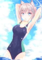 Rule 34 | 1girl, absurdres, animal ear fluff, animal ears, armpits, black one-piece swimsuit, blue archive, blue eyes, blue sky, cloud, cloudy sky, collarbone, commentary request, competition swimsuit, covered navel, cross, grey hair, hair between eyes, hair ornament, hair tie, hairclip, halo, highres, in water, inverted cross, looking at viewer, medium hair, mismatched pupils, mouth hold, ocean, official alternate costume, one-piece swimsuit, school swimsuit, shiroko (blue archive), shiroko (swimsuit) (blue archive), sidelocks, sky, sleeveless, solo, swimsuit, wet, wet clothes, wet swimsuit, wolf ears, wolf girl, yasutarou
