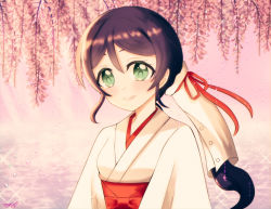 Rule 34 | 1girl, aqua eyes, artist name, artist request, blush, bow, breasts, cleavage, collarbone, female focus, green eyes, hair ornament, hair ribbon, hair scrunchie, hakama, hakama skirt, highres, japanese clothes, kimono, long hair, long sleeves, looking at viewer, love live!, love live! school idol festival, love live! school idol project, low ponytail, miko, outdoors, parted lips, ponytail, purple hair, red bow, red hakama, red ribbon, ribbon, scrunchie, skirt, small breasts, smile, solo, tojo nozomi, white kimono, wide sleeves