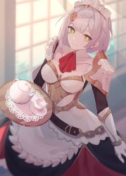 Rule 34 | 1girl, apron, armor, ascot, blunt bangs, breasts, cup, genshin impact, gloves, hair ornament, highres, holding, holding tray, indoors, juwei, looking at viewer, maid, maid apron, maid headdress, noelle (genshin impact), red ascot, shoulder armor, solo, teacup, teapot, tray, white gloves, white hair, yellow eyes