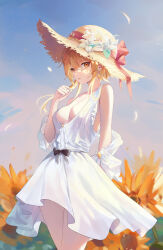 Rule 34 | 1girl, absurdres, bare shoulders, blonde hair, blue sky, blush, breasts, cleavage, dress, genshin impact, hat, highres, large breasts, looking at viewer, lumine (genshin impact), medium hair, rable, sidelocks, sky, solo, straw hat, thighs, white dress, yellow eyes