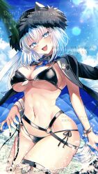 1girl between_breasts bikini black_bikini black_coat black_hat black_jacket black_nails blue_eyes blue_necktie blue_sky blush bracelet breasts cleavage coat dobrynya_nikitich_(fate) dobrynya_nikitich_(swimsuit_lancer)_(fate) dobrynya_nikitich_(swimsuit_lancer)_(first_ascension)_(fate) fang fate/grand_order fate_(series) fur-trimmed_headwear fur_trim hat highres jacket jewelry large_breasts long_hair looking_at_viewer murasaki_yuna navel necktie necktie_between_breasts open_mouth outdoors sky smile solo swimsuit thigh_strap untying water watermark white_hair