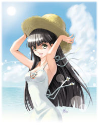 Rule 34 | 1girl, armpits, arms up, black hair, cloud, day, hat, lens flare, long hair, looking at viewer, open mouth, sky, smile, solo, straw hat, sun, sun hat, water, yellow eyes, yuu (yuyukaikan)