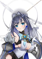 Rule 34 | 1girl, black gloves, blue cape, blue eyes, blue hair, bow, bow earrings, breasts, cape, chain, chain headband, cleavage cutout, clothing cutout, earrings, gloves, hair intakes, halo, head chain, headband, heart-shaped gem, highres, hololive, hololive english, jewelry, large breasts, mechanical halo, nemun (tamizzz), ouro kronii, ouro kronii (1st costume), ribbon earrings, sailor collar, shirt, short hair, simple background, sleeveless, sleeveless shirt, solo, sweater, turtleneck, turtleneck sweater, underboob, underboob cutout, virtual youtuber, white background