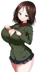 Rule 34 | 10s, 1girl, bad anatomy, bad id, bad pixiv id, blue eyes, blush, breasts, brown hair, cleavage, girls und panzer, green jacket, highres, jacket, large breasts, nonna (girls und panzer), ponytail korosuke, short hair, simple background, skirt, solo, white background