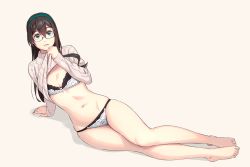 Rule 34 | 1girl, alternate costume, aqua eyes, bare legs, barefoot, black-framed eyewear, black hair, bra, clothes lift, full body, glasses, green hairband, hair between eyes, hairband, highres, kantai collection, lifted by self, long hair, long sleeves, navel, no pants, ooyodo (kancolle), panties, simple background, skindentation, solo, sweater, sweater lift, toes, underwear, white bra, white panties, white sweater, yuuji (and)