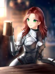 Rule 34 | 1girl, alcohol, armor, bad id, bad pixiv id, beer, beer mug, boobplate, breastplate, commentary, cup, eyes visible through hair, fantasy, gigamessy, green eyes, knight, looking to the side, medium hair, mug, original, parted lips, plate armor, red hair, smile, solo