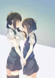 Rule 34 | 2girls, black hair, blue bow, blush, bow, closed mouth, commentary request, eichan (eichanidfi), closed eyes, green bow, highres, holding hands, multiple girls, original, short hair, standing, thighhighs, twintails, yuri
