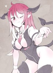Rule 34 | 1girl, ;), belt, between breasts, black footwear, black wings, blush, boots, breasts, cleavage, commentary request, demon tail, fuukadia (narcolepsy), grey background, hair between eyes, head wings, heart, highres, koakuma, long hair, medium breasts, necktie, necktie between breasts, one eye closed, pointy ears, popped collar, puffy short sleeves, puffy sleeves, race queen, red eyes, red hair, red necktie, short sleeves, smile, solo, tail, thigh boots, thighhighs, touhou, wings, wrist cuffs