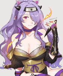 Rule 34 | 1girl, bare shoulders, breasts, camilla (fire emblem), camilla (ninja) (fire emblem), cleavage, commentary, fire emblem, fire emblem fates, fire emblem heroes, fishnets, hair ornament, hair over one eye, highres, japanese clothes, large breasts, long hair, looking at viewer, ninja, nintendo, official alternate costume, official alternate hairstyle, peach11 01, ponytail, purple eyes, purple hair, revealing clothes, simple background, smile, solo, tiara, very long hair, wavy hair