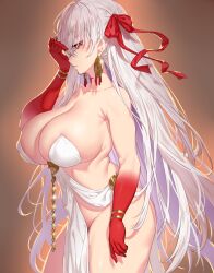 Rule 34 | 1girl, bare shoulders, belly chain, blush, body markings, bracelet, breasts, cleavage, collarbone, colored skin, durga (fate), earrings, facial mark, fate/grand order, fate (series), gradient skin, hair ribbon, highres, huge breasts, jewelry, long hair, looking at viewer, onsoku inu, pelvic curtain, red eyes, red skin, revealing clothes, ribbon, sash, solo, thick thighs, thighs, very long hair, white hair