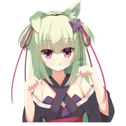 Rule 34 | 1girl, :p, absurdres, animal ear fluff, animal ears, beads, black kimono, blunt bangs, breasts, butterfly hair ornament, collarbone, commentary, cross-laced clothes, cross-laced dress, dog ears, eyelashes, green hair, hair beads, hair ornament, hair ribbon, hands up, highres, hime cut, japanese clothes, kaon zz, kimono, light blush, long hair, long sleeves, looking at viewer, murasame (senren), paw pose, purple eyes, red ribbon, red sash, ribbon, sash, senren banka, sidelocks, simple background, small breasts, smile, solo, straight hair, tongue, tongue out, two side up, upper body, very long hair, white background, wide sleeves, yuzu-soft