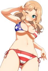 Rule 34 | 10s, 1girl, ;d, american flag bikini, american flag print, aqua eyes, arm up, armpits, bare arms, bare shoulders, bikini, blonde hair, blush, breasts, cameltoe, cleavage, commentary request, cowboy shot, flag print, from below, girls und panzer, gluteal fold, grin, hatakenaka (kamagabuchi), highres, kay (girls und panzer), large breasts, legs apart, long hair, looking at viewer, looking down, navel, one eye closed, open mouth, parted bangs, parted lips, print bikini, red ribbon, ribbon, side-tie bikini bottom, simple background, smile, solo, standing, stomach, string bikini, striped bikini, striped clothes, swimsuit, tareme, teeth, underboob, white background