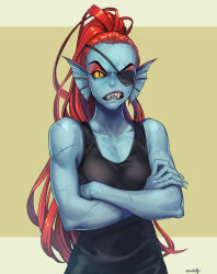 Rule 34 | 1girl, bare shoulders, blue skin, breasts, clenched teeth, colored sclera, colored skin, crossed arms, eyepatch, fangs, fins, head fins, highres, long hair, looking at viewer, monster girl, nishiki areku, ponytail, red hair, scar, scar across eye, scar on face, sharp teeth, simple background, sleeveless, slit pupils, solo, tank top, teeth, undertale, undyne, upper body, yellow background, yellow sclera