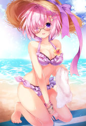 Rule 34 | 1girl, :d, alternate costume, barefoot, beach, bikini, blue sky, bracelet, breasts, cleavage, cloud, collarbone, day, fate/grand order, fate (series), flower, frilled bikini, frills, glasses, hair ornament, hair over one eye, hairclip, halterneck, hat, hat ribbon, holding, holding towel, horizon, jewelry, looking at viewer, mash kyrielight, medium breasts, nogi takayoshi, ocean, open mouth, outdoors, pink hair, purple bikini, purple eyes, purple ribbon, ribbon, side-tie bikini bottom, sky, smile, solo, squatting, straw hat, sun hat, sunlight, swimsuit, towel, water, wet, white towel