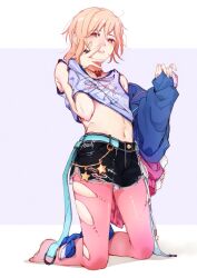 Rule 34 | 1boy, androgynous, belt, black belt, black shorts, blonde hair, blue belt, ensemble stars!, full body, highres, houdi nguyen, jewelry, leggings, looking at viewer, male focus, multicolored background, multicolored belt, necklace, nito nazuna, parted lips, pink leggings, purple background, purple tank top, red eyes, short hair with long locks, shorts, solo, star (symbol), tank top, teeth, white background
