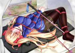 Rule 34 | 1girl, absurdres, bdsm, binoculars, black pantyhose, blonde hair, blue jacket, blush, bondage, bound, bound arms, bound wrists, breasts, ereshkigal (fate), ereshkigal (traveling outfit) (fate), fate/grand order, fate (series), gag, gagged, green shorts, hair ribbon, highres, improvised gag, jacket, kuraudo, large breasts, pantyhose under shorts, long hair, long sleeves, lying, no shoes, on back, outdoors, pantyhose, parted bangs, red eyes, red ribbon, red rope, restrained, ribbon, rope, shibari, shorts, solo, star (symbol), star print, tent, two side up