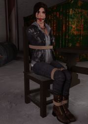 Rule 34 | 1girl, 3d, arms behind back, ball gag, bdsm, bondage, bound, bound ankles, bound legs, breasts, brown eyes, brown hair, gag, gagged, iorel-renders, jewelry, lara croft, necklace, tied to chair, tomb raider