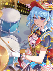 Rule 34 | 1girl, absurdres, aoiro 050, bang dream!, blue hair, confetti, dress, drum, drum set, drumsticks, earrings, hat, highres, holding, holding drumsticks, instrument, jewelry, light smile, long hair, looking at viewer, matsubara kanon, multicolored clothes, multicolored dress, multicolored footwear, open mouth, purple eyes, short sleeves, sitting, solo, sweatdrop, wrist cuffs