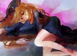Rule 34 | 1girl, barefoot, black dress, black headwear, chinese clothes, closed mouth, commentary request, dress, emimi (emimi 28), expressionless, junko (touhou), long hair, long sleeves, lying, on side, orange hair, phoenix crown, red eyes, red sash, red tabard, sash, solo, tabard, touhou, very long hair, wide sleeves