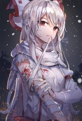 Rule 34 | 1girl, a maru, absurdres, arm belt, artist name, bad id, bad pixiv id, bandaged arm, bandages, blood, blood on hands, blurry, bow, depth of field, fujiwara no mokou, hair bow, highres, juliet sleeves, long hair, long sleeves, looking at viewer, mouth hold, night, outdoors, pants, puffy sleeves, red eyes, red pants, scarf, shirt, silver hair, snow, solo, suspenders, torn clothes, torn shirt, touhou, twitter username, upper body, very long hair, white bow, white scarf, white shirt