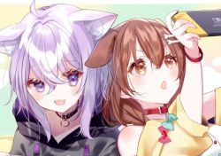 Rule 34 | 2girls, ahoge, animal collar, animal ear fluff, animal ears, black collar, black hoodie, blue bow, bone hair ornament, bow, breasts, brown eyes, brown hair, cartoon bone, cat ears, cat girl, choker, collar, collarbone, dog ears, dog girl, drawstring, fang, game console, hair between eyes, hair ornament, hairclip, handheld game console, highres, holding, holding handheld game console, hololive, hood, hoodie, inugami korone, inugami korone (1st costume), leaning back, leaning on person, long hair, looking at another, looking to the side, looking up, misumi (macaroni), multiple girls, nekomata okayu, nekomata okayu (1st costume), nintendo switch, off shoulder, open mouth, playing games, purple eyes, purple hair, red bow, skin fang, upper body, v-shaped eyebrows, virtual youtuber, wristband