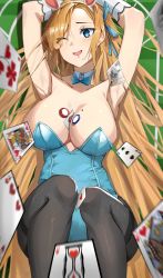 Rule 34 | 1girl, absurdly long hair, absurdres, armpits, asuna (blue archive), asuna (bunny) (blue archive), bare shoulders, between breasts, black pantyhose, blonde hair, blue archive, blue bow, blue bowtie, blue eyes, blue leotard, blue ribbon, blush, bow, bowtie, breasts, card, card between breasts, cleavage, commentary request, detached collar, feet out of frame, gloves, hair over one eye, hair ribbon, highres, large breasts, leotard, long hair, looking at viewer, mole, mole on breast, official alternate costume, one eye closed, open mouth, pantyhose, playboy bunny, ribbon, smile, solo, soranoki, swept bangs, very long hair, white gloves