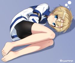 Rule 34 | 1girl, androgynous, barefoot, bike shorts, blonde hair, blue background, blue eyes, expressionless, feet, female focus, iris (ryou@ryou), looking at viewer, lying, on side, original, phantasy star, phantasy star online 2, reverse trap, ryou@ryou, short hair, simple background, solo, toes, twitter username